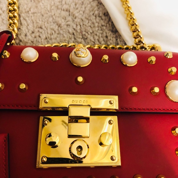 Rare Gucci padlock lambskin pearl stud red bag - Picture 4 of 8